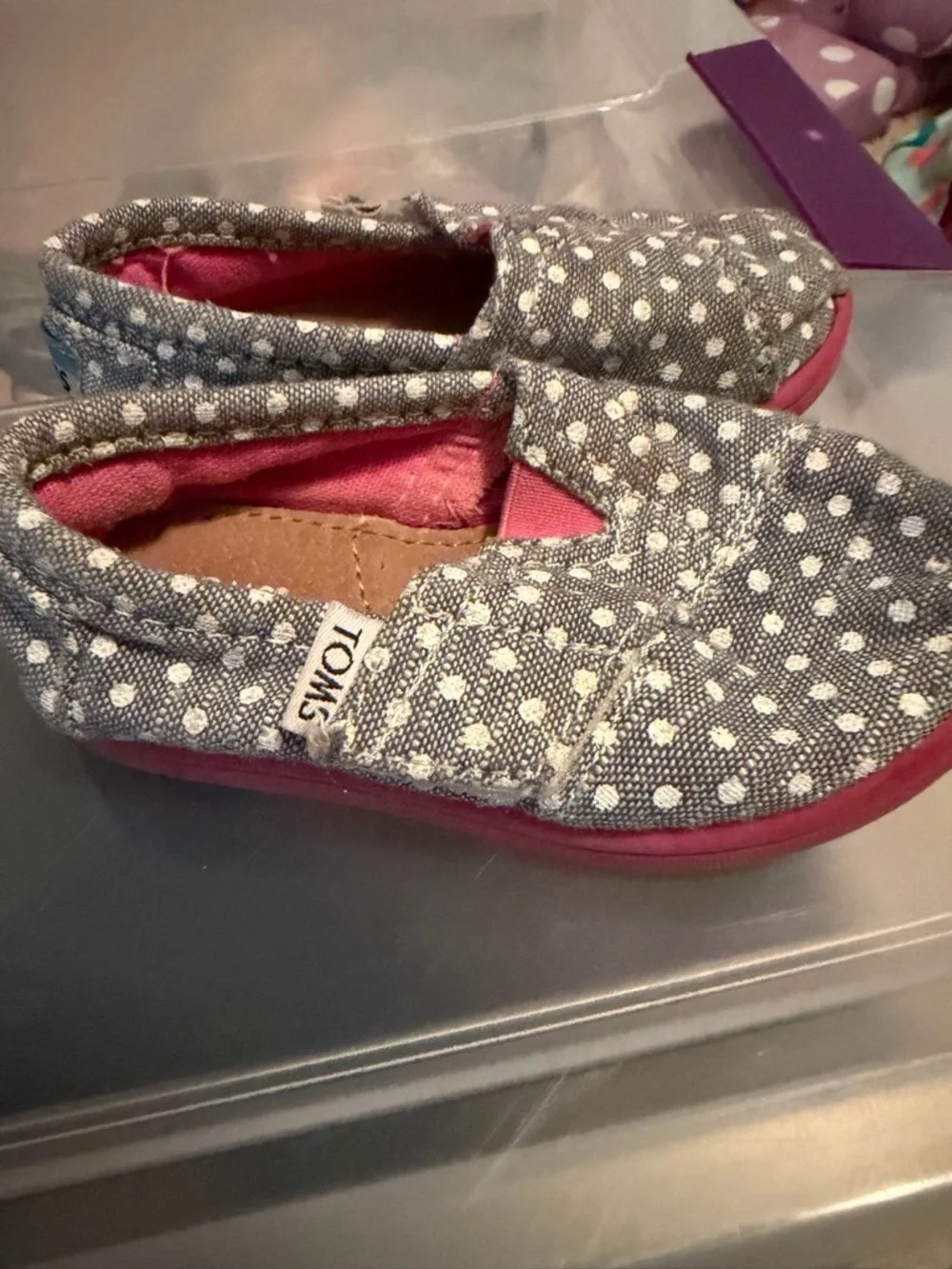 Toms Toddler Polka Dot Moccasins in Denim and Pink